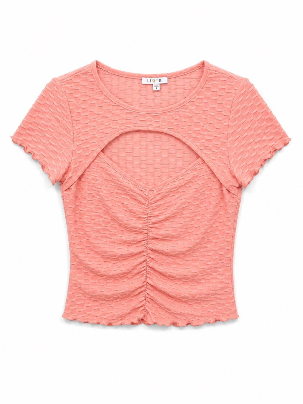 iris Coral Pink Ruched Cutout Short Sleeve Tee